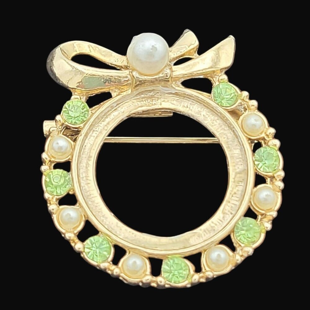 Vintage Gold-Tone Brooch Faux Pearls & Green Rhinestones Bow Accent Mid-Century